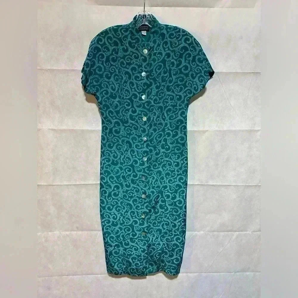 VINTAGE SPENSER JEREMY 100% SILK MIDI DRESS SZ 8 Blue Green Swirls Pearl Buttons
